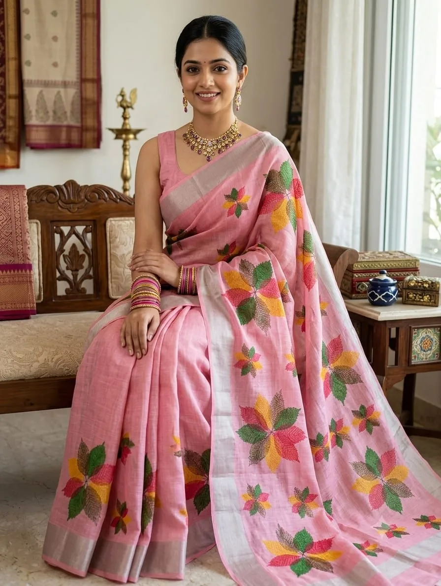 Baby Pink Embroidered Leaf Motif Linen Cotton Saree